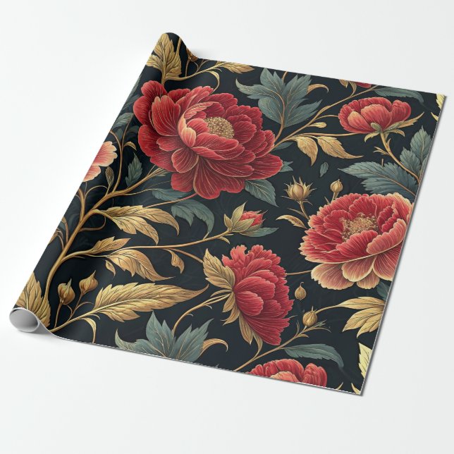 Victoriansk Pion Botaniskt Mönster Presentpapper (Utrullad)