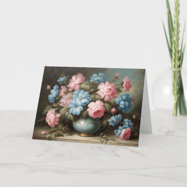 Victoriansk Rosa, Blå Blommor i Vas Stilleben  Kort (Framsida)