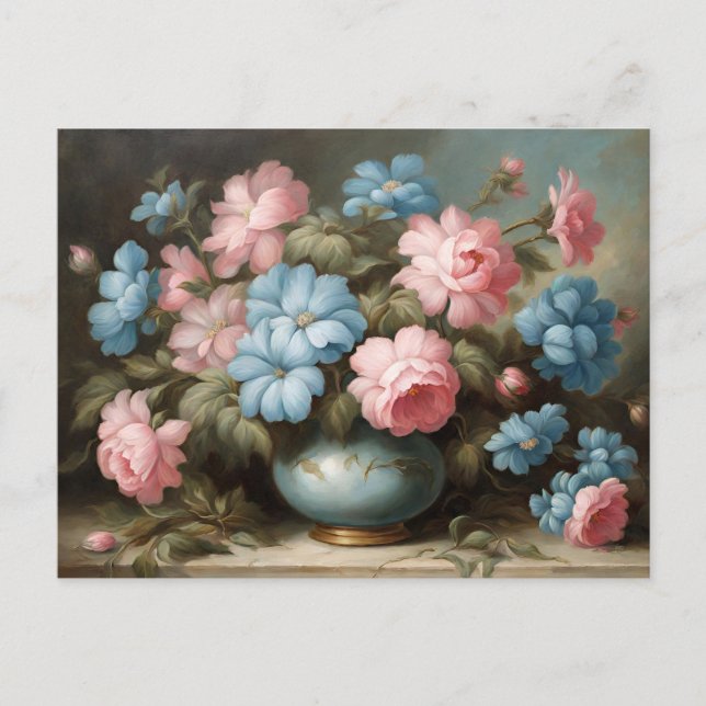 Victoriansk Rosa, Blå Blommor i Vas Stilleben  Vykort (Framsida)