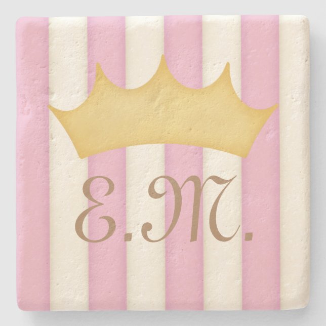 Victoriansk Rosa Randig Krönt Monogram Prinsessa Stenunderlägg (Framsidan)