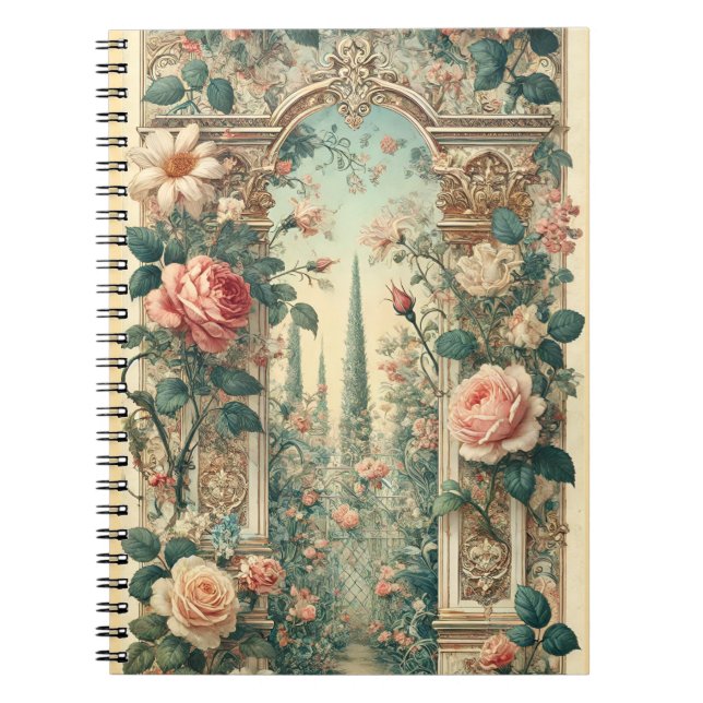 Victoriansk rosträdgård valv romantisk blomstersti anteckningsbok (Framsidan)