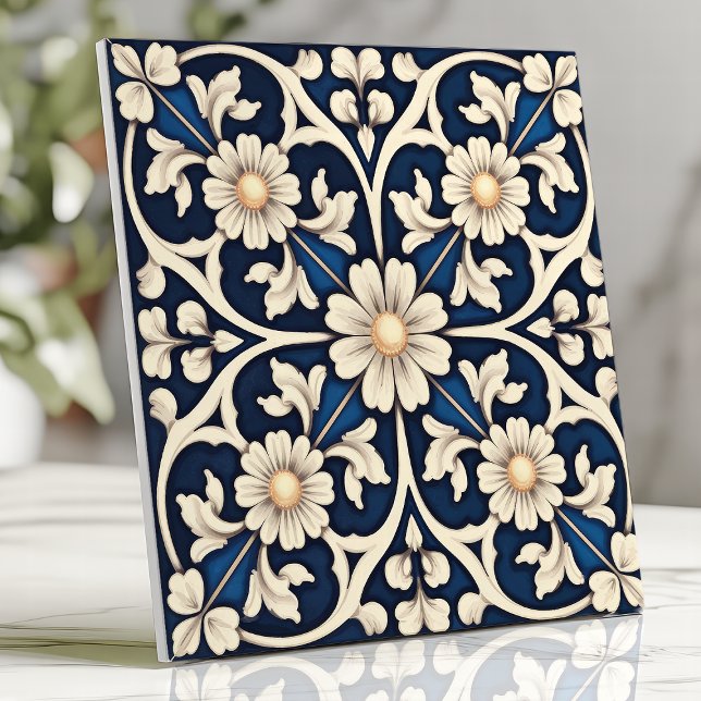 Victoriansk safirblå och elfenbensdaisy kakelplatta (Skapare uppladdad)