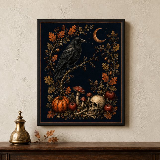 Victoriansk Samhain-korpgalenskap väggkonst (Victorian Samhain Raven Botanical Wall Art)