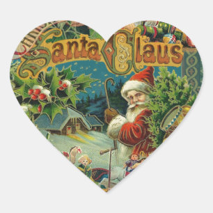 Victoriansk Santa Claus Jul Collage Antik Hjärtformat Klistermärke