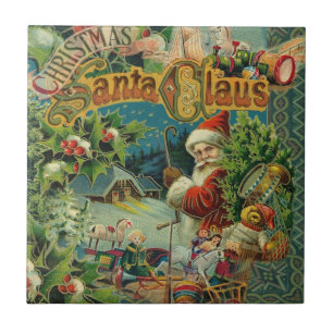 Victoriansk Santa Claus Jul Collage Antik Kakelplatta