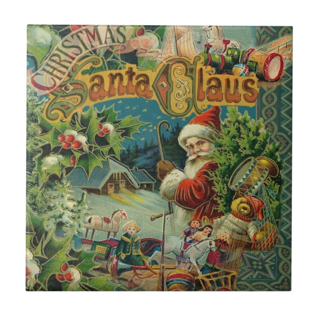 Victoriansk Santa Claus Jul Collage Antik Kakelplatta (Framsidan)