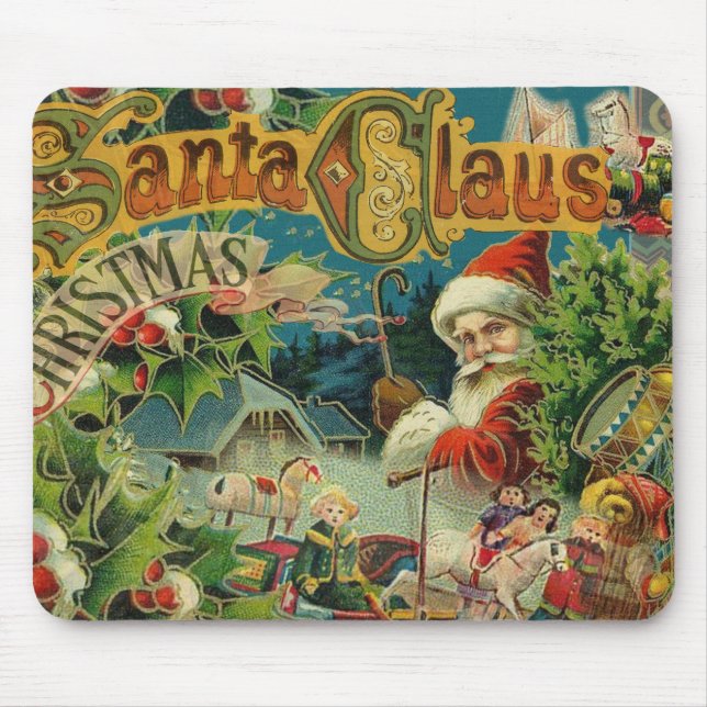 Victoriansk Santa Claus Jul Collage Antik Musmatta (Framsidan)