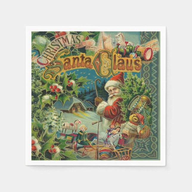 Victoriansk Santa Claus Jul Collage Antik Pappersservett (Framsidan)