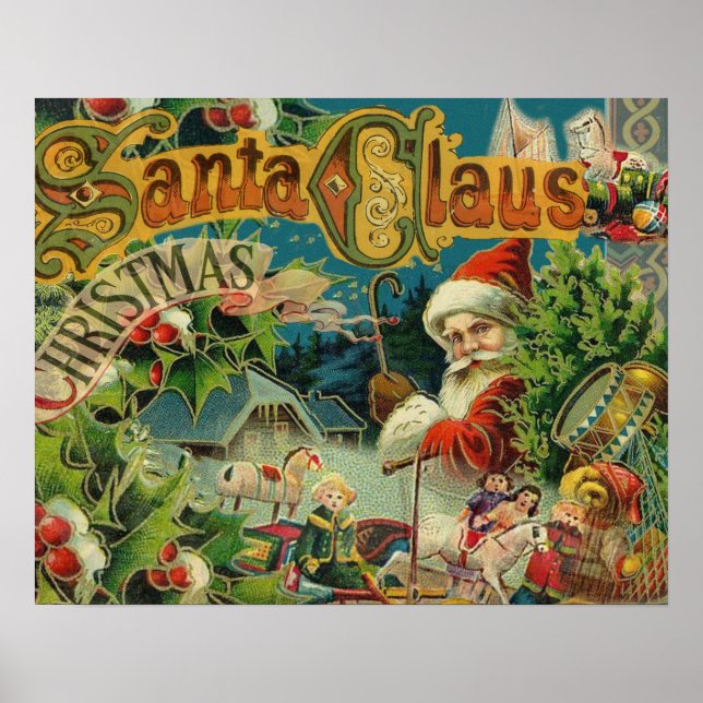Victoriansk Santa Claus Jul Collage Antik Poster (Framsidan)