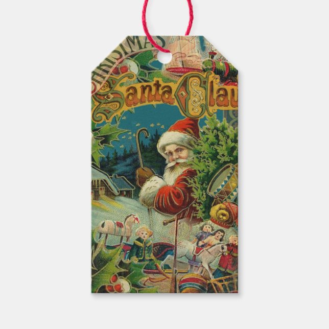 Victoriansk Santa Claus Jul Collage Antik Presentetikett (Framsidan)