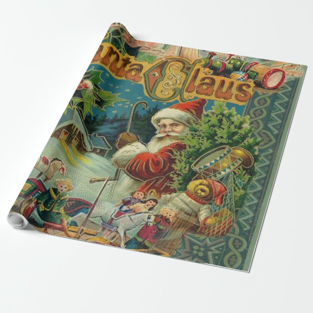 Victoriansk Santa Claus Jul Collage Antik Presentpapper (Utrullad)