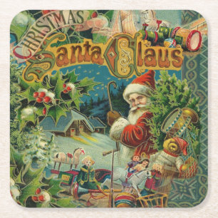 Victoriansk Santa Claus Jul Collage Antik Underlägg Papper Kvadrat