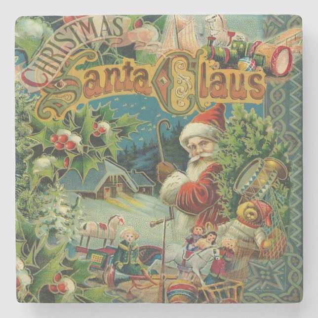 Victoriansk Santa Claus Jul Collage Antik Underlägg Sten (Framsidan)