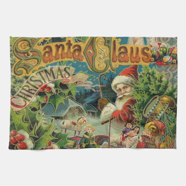 Victoriansk Santa Claus Julcollage Antik Kökshandduk (Horisontell)