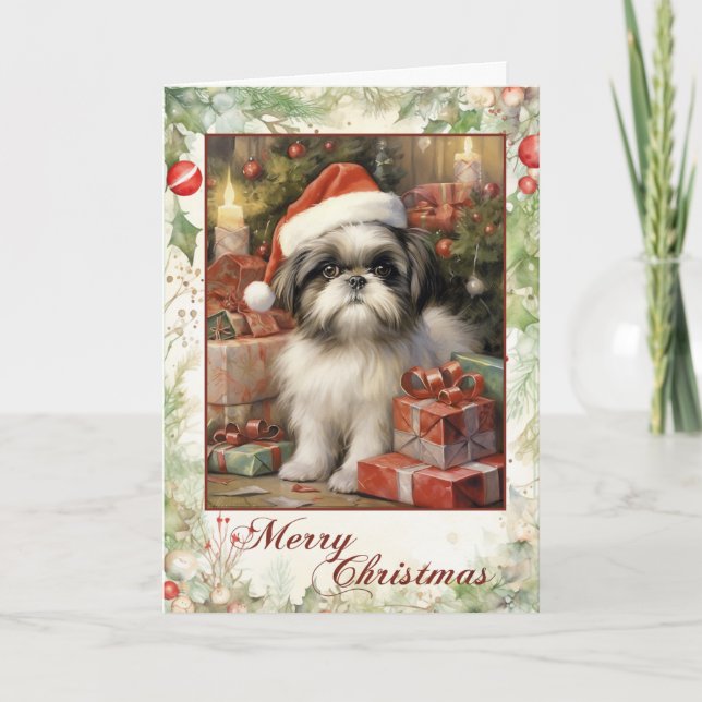 Victoriansk Shih Tzu Valp Jul Helgkort (Framsida)