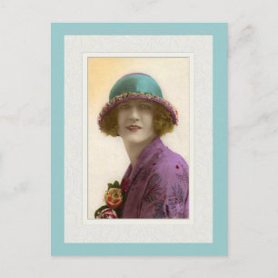 Victoriansk skönhet i hatt lila teal klänning vykort