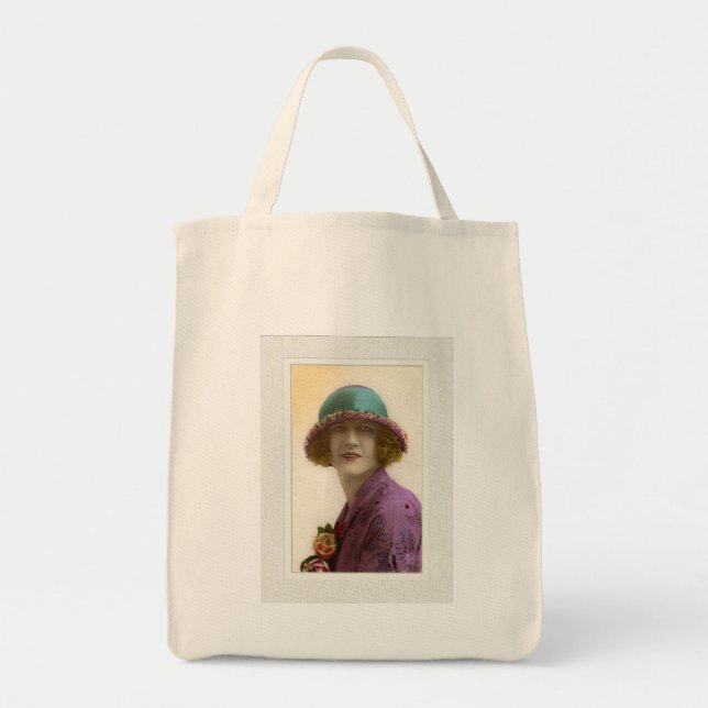 Victoriansk skönhet i hatt lila tealdräkt tygkasse (Framsidan)