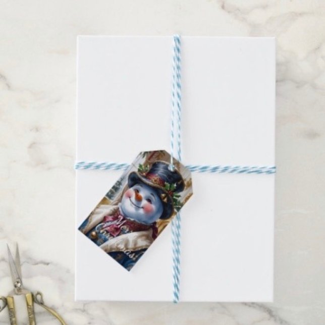 Victoriansk Snöman Juldesign Presentetikett (Gift Tag. D: 3.5"l x 2”w.  Set of 10. Printed on 120 lb, 18 point thick matte paper. Made in USA.
)