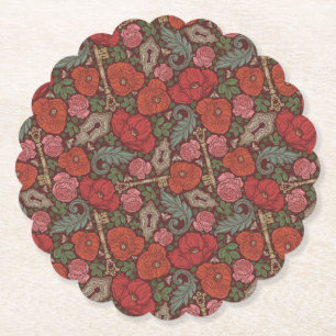 Victoriansk Steampunk gammal låsnyckel Röda vallmo Underlägg Papper