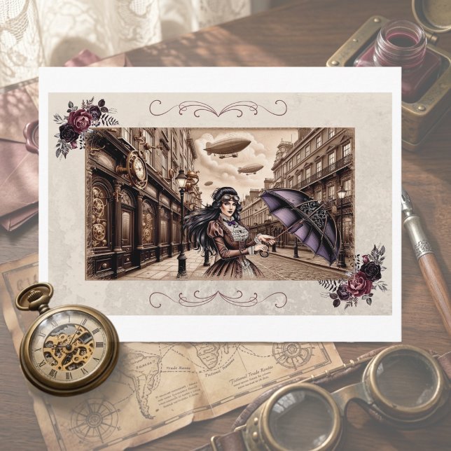 Victoriansk Steampunk Luftskeppsparaply vykort (Vintage Victorian Woman with Umbrella Postcard)