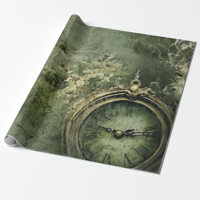 Victoriansk Steampunk Urverk i Smaragdgrön Presentpapper (Utrullad)