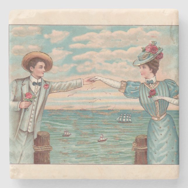 Victoriansk strand kärlek elegant hav bröllop par stenunderlägg (Framsidan)