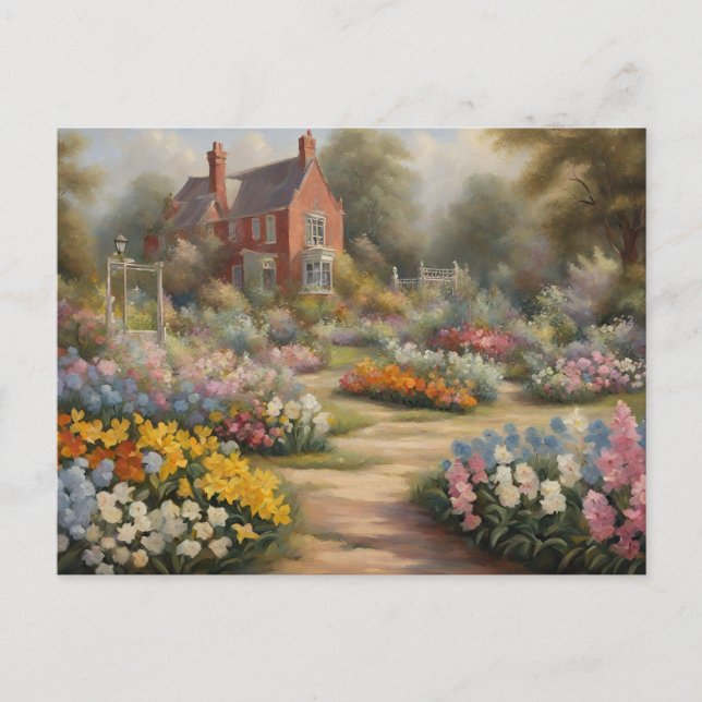 Victoriansk stuga med sommarblomsterträdgård  vykort (Framsida)