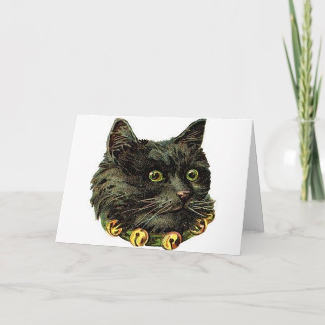 Victoriansk svart katt med klockhalsband kort (Framsida)