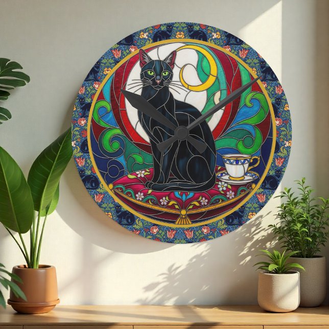 Victoriansk svart kattkonstklocka, vintage katter rund klocka (Victorian Black Cat Art Mosaic Wall Clock)