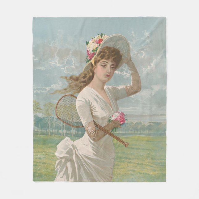 Victoriansk tenniskvinna med blommig hatt Antik Fleecefilt (Framsidan)