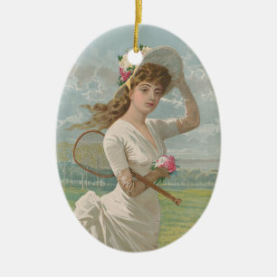 Victoriansk tenniskvinna med blommig hatt Antik Julgransprydnad Keramik