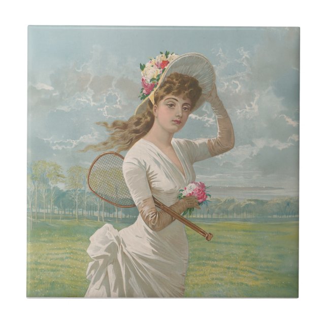 Victoriansk tenniskvinna med blommig hatt Antik Kakelplatta (Framsidan)