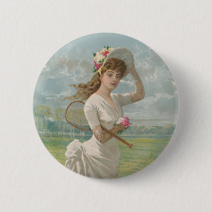 Victoriansk tenniskvinna med blommig hatt Antik Knapp