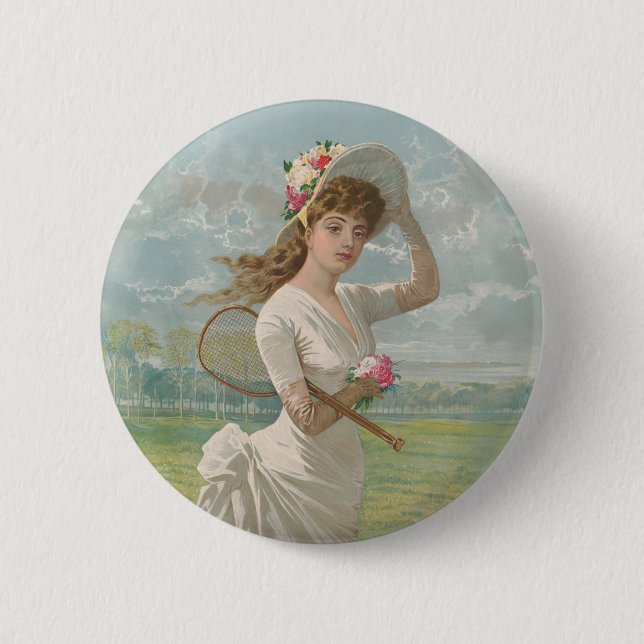 Victoriansk tenniskvinna med blommig hatt Antik Knapp (Framsida)