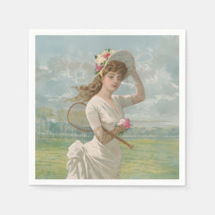 Victoriansk tenniskvinna med blommig hatt Antik Pappersservett