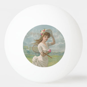 Victoriansk tenniskvinna med blommig hatt Antik Pingisboll