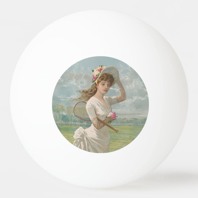 Victoriansk tenniskvinna med blommig hatt Antik Pingisboll (Framsidan)