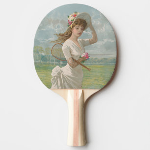 Victoriansk tenniskvinna med blommig hatt Antik Pingisracket