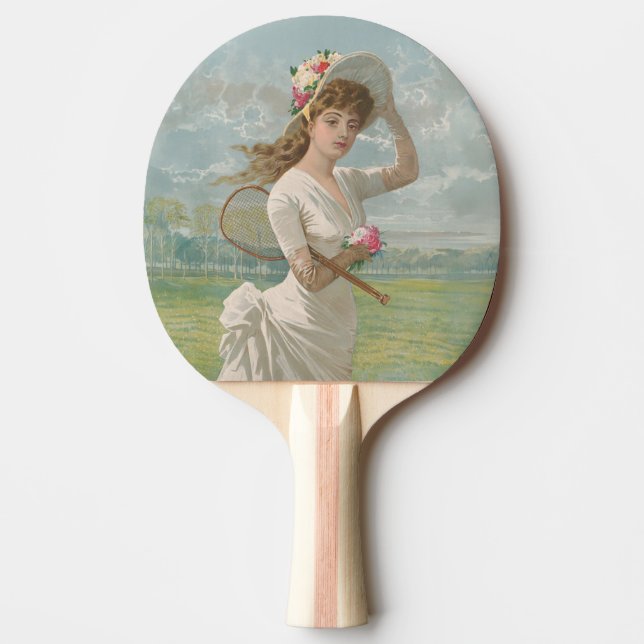 Victoriansk tenniskvinna med blommig hatt Antik Pingisracket (Framsidan)