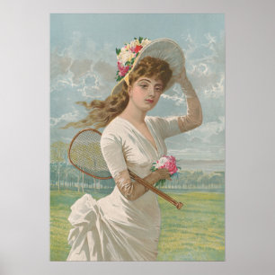 Victoriansk tenniskvinna med blommig hatt Antik Poster