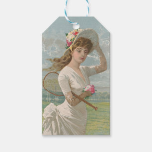 Victoriansk tenniskvinna med blommig hatt Antik Presentetikett