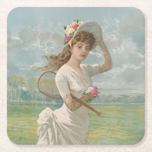 Victoriansk tenniskvinna med blommig hatt Antik Underlägg Papper Kvadrat