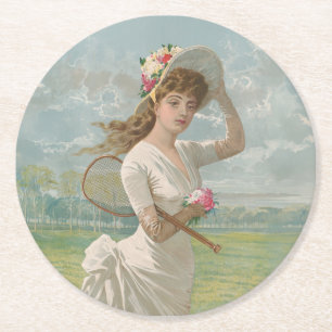 Victoriansk tenniskvinna med blommig hatt Antik Underlägg Papper Rund