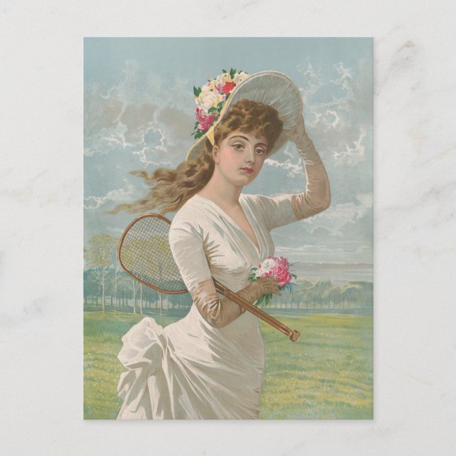 Victoriansk tenniskvinna med blommig hatt Antik Vykort (Framsida)