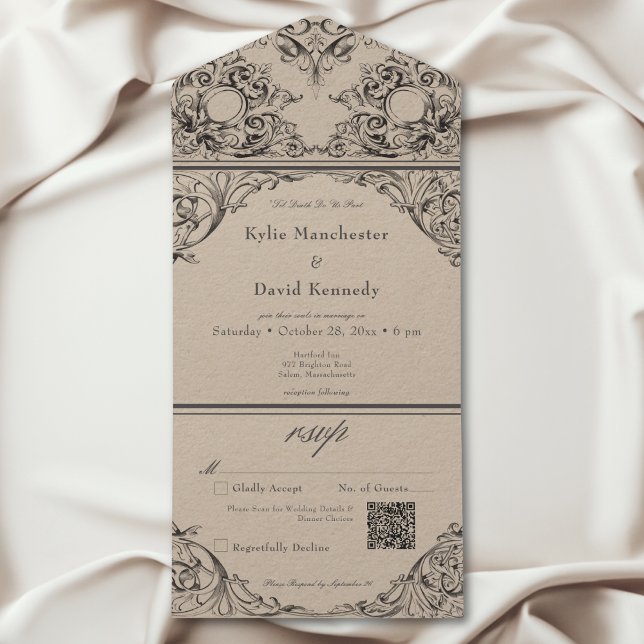 Victoriansk Til Döden Svart Tan Bröllop QR-kod (Victorian Til Death Black Tan Wedding QR Code All In One Invitation)