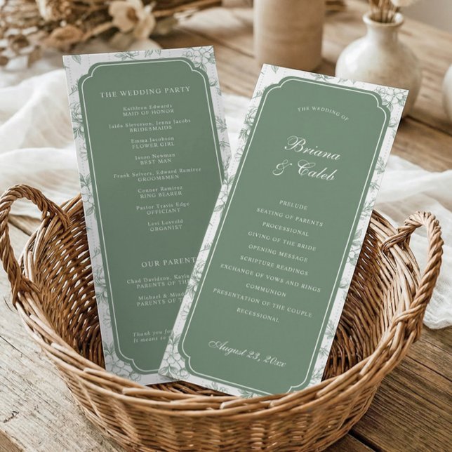 Victoriansk Toalett Mjukgrön Blommig Ram Bröllop Program (Double-sided sage green Victorian wedding program with French floral scalloped frame)
