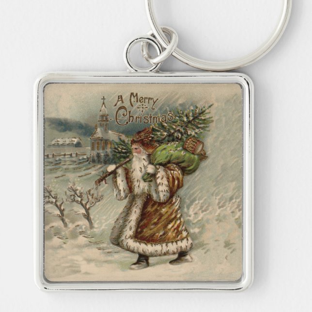 Victoriansk Tomte Med Julgran Fyrkantig Silverfärgad Nyckelring (Framsidan)