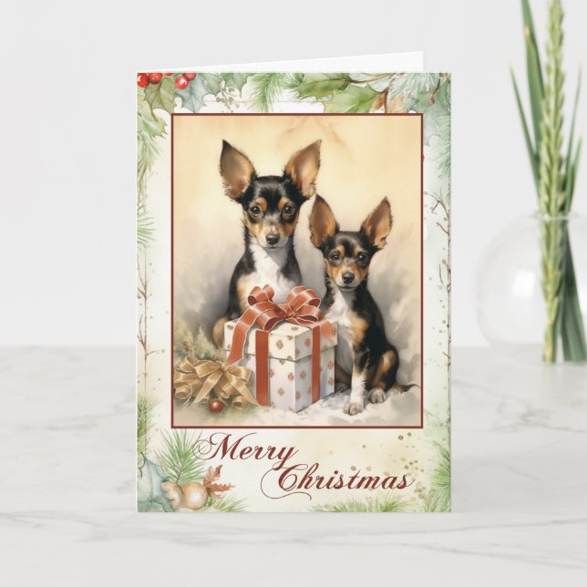 Victoriansk Toy Fox Terrier Valp Jul Helgkort (Framsida)