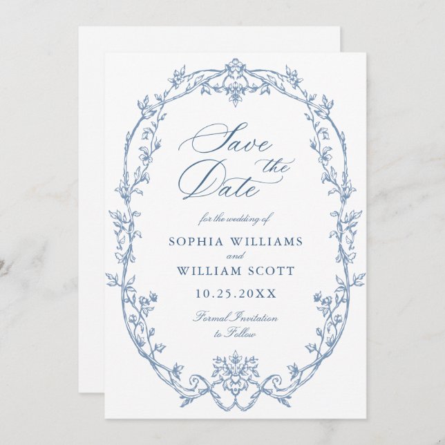 Victoriansk utsmyckad blomstergnistrande blå vigse spara datumet (Fram/baksida)
