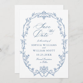 Victoriansk utsmyckad blomstergnistrande blå vigse spara datumet